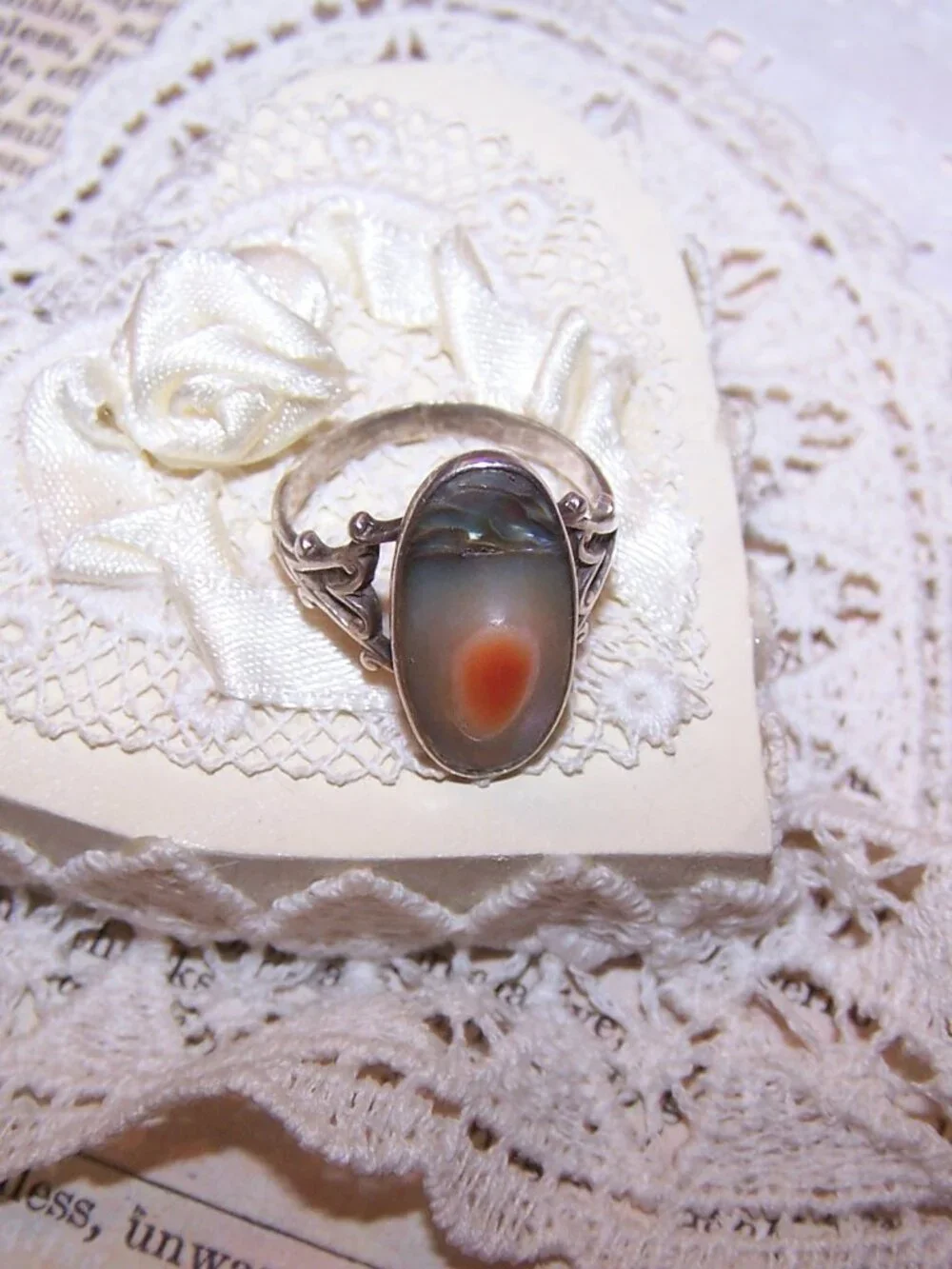 Art Nouveau Sterling Silver Blister Pearl Abalone Ring - Size 4.75